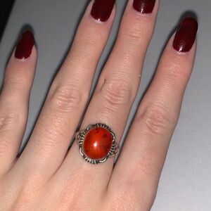 Vintage 925 Sterling Silver Cabochon Amber Engraved Setting Statement Ring Sz 7